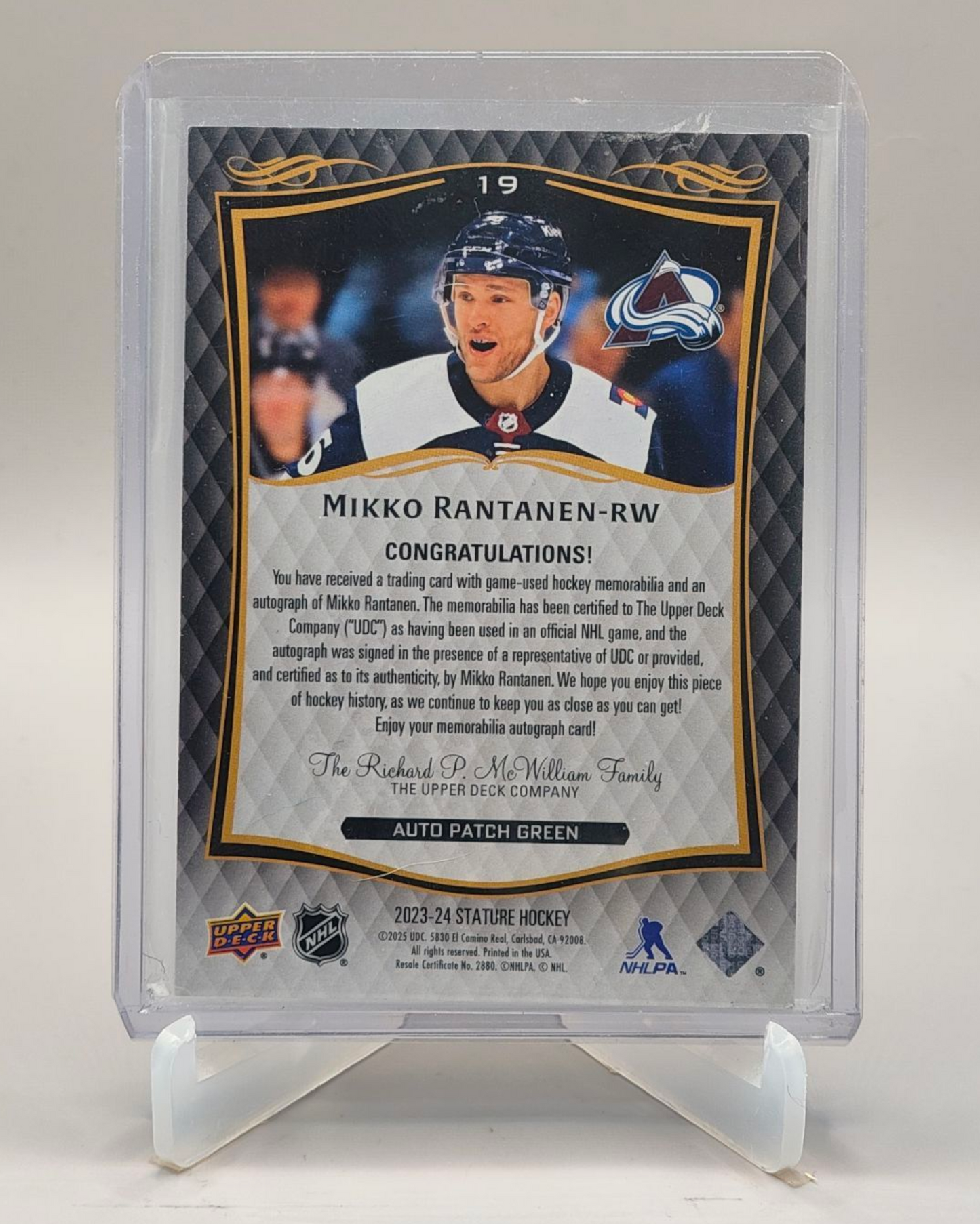 2024-25 Upper Deck Stature #19 Mikko Rantanen Patch Auto Green #/35