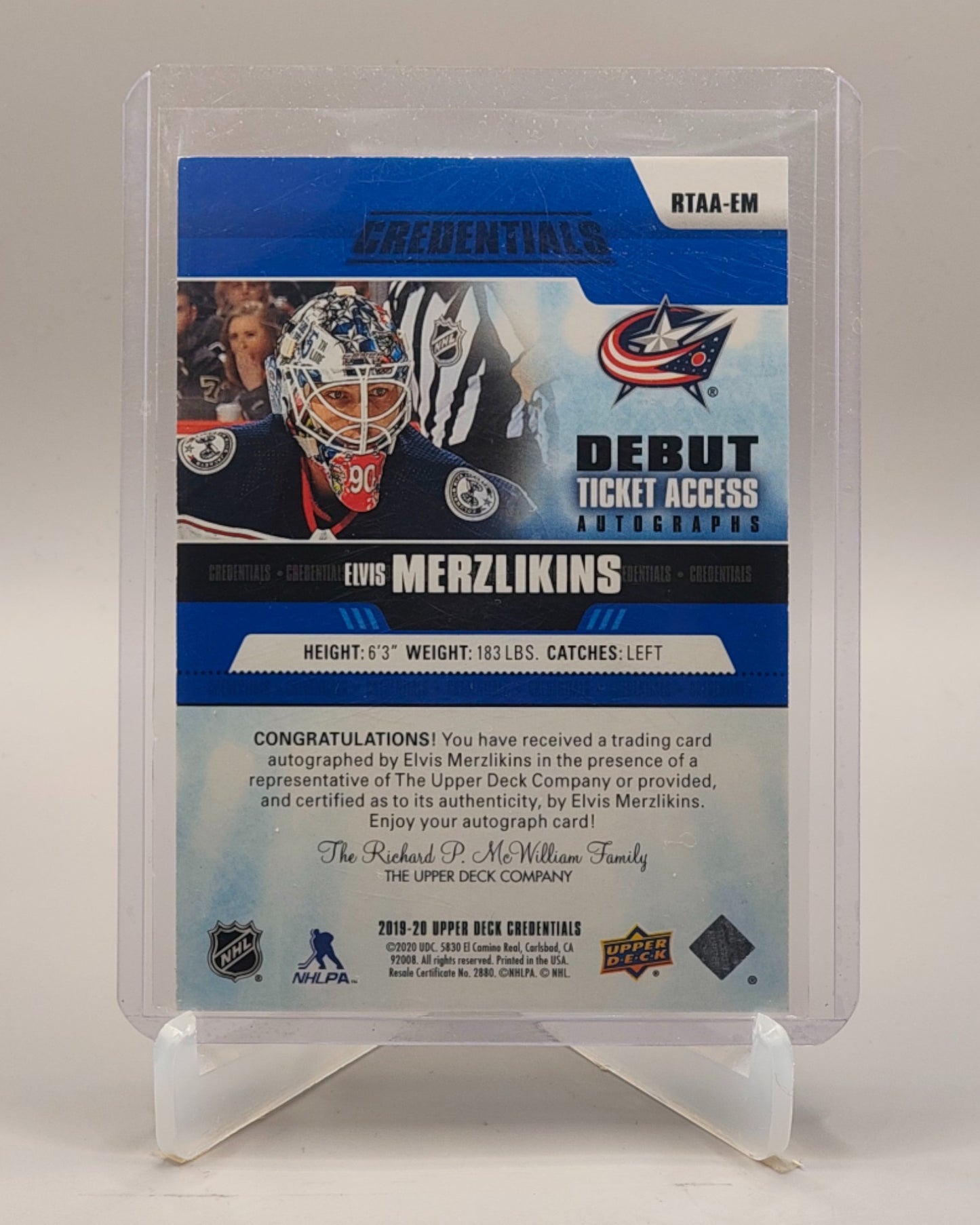 2019-20 UD Credentials #RTAA-EM Elvis Merzlikins Debut Ticket Access Auto /299