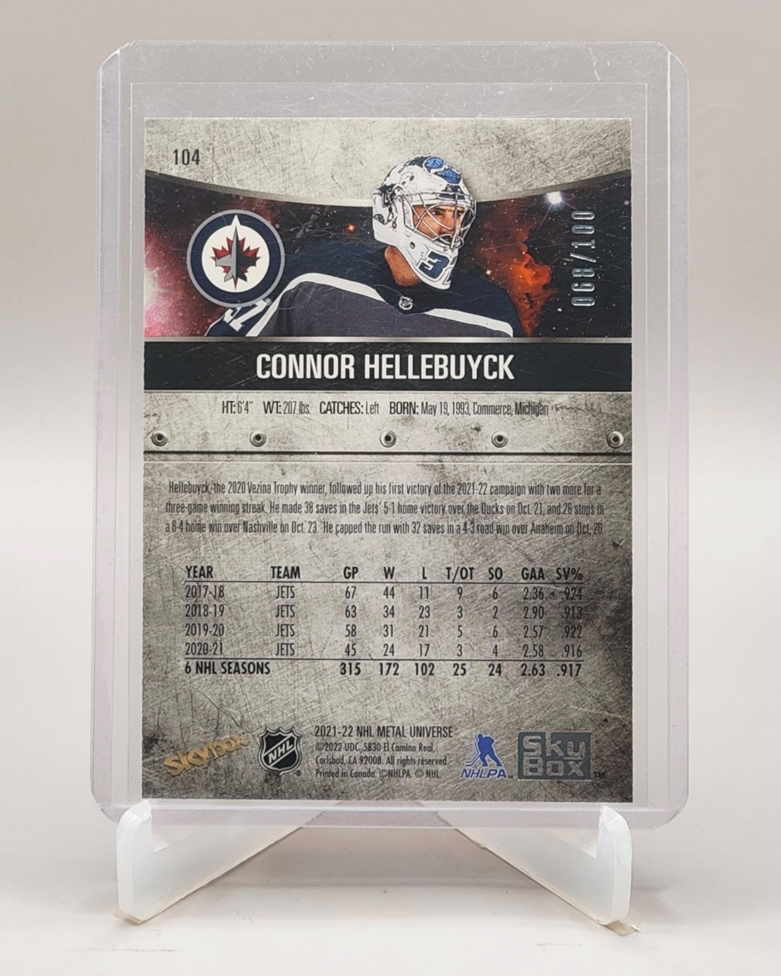 2021-22 SkyBox Metal Universe #104 Connor Hellebuyck PMG Red #/100