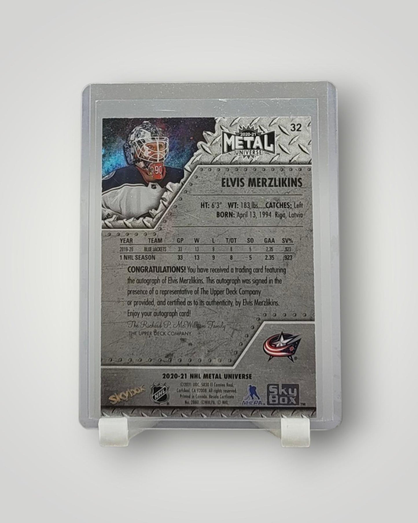 2020-21 SkyBox Metal Universe #32 Elvis Merzlikins Autographs Silver
