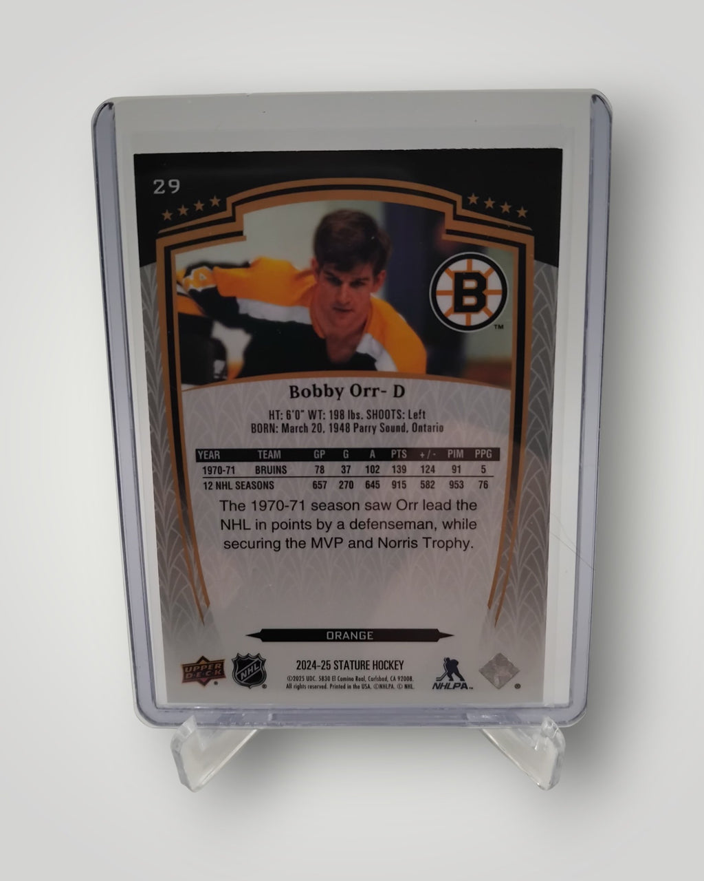 2024-25 Upper Deck Stature #29 Bobby Orr Orange #/199