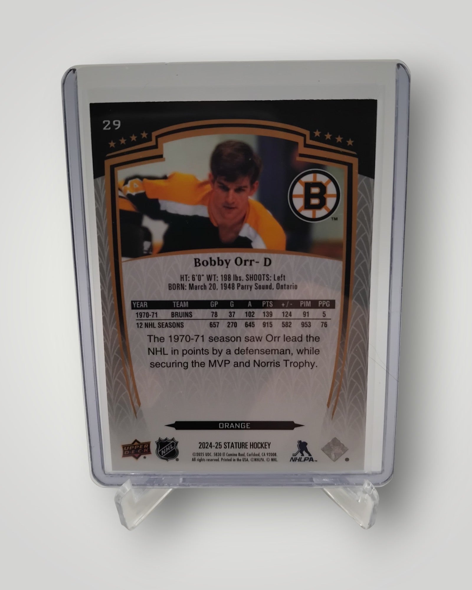 2024-25 Upper Deck Stature #29 Bobby Orr Orange #/199