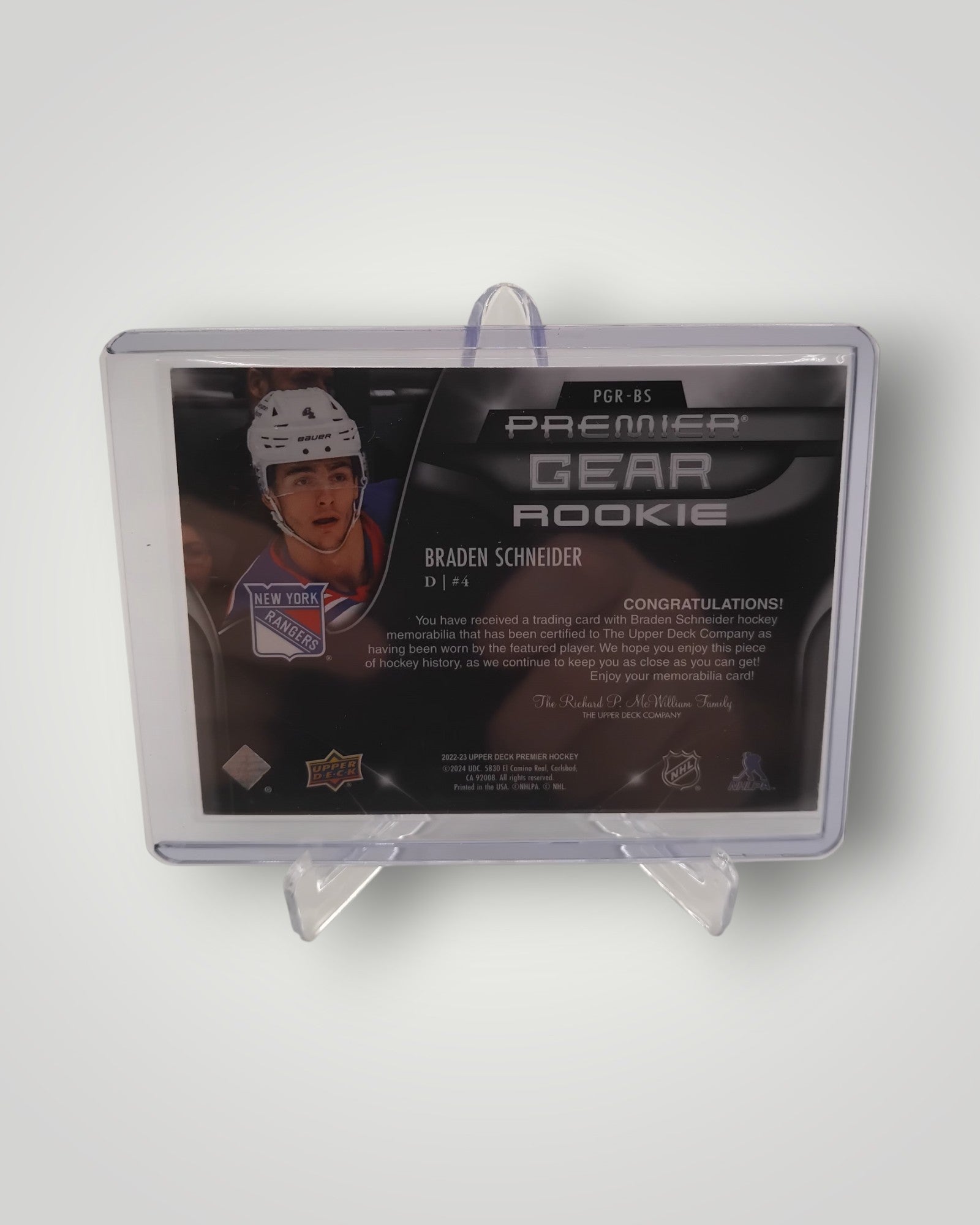 2022-23 UD Premier #PGR-BS Braden Schneider Premier Gear Rookies Jersey #/99