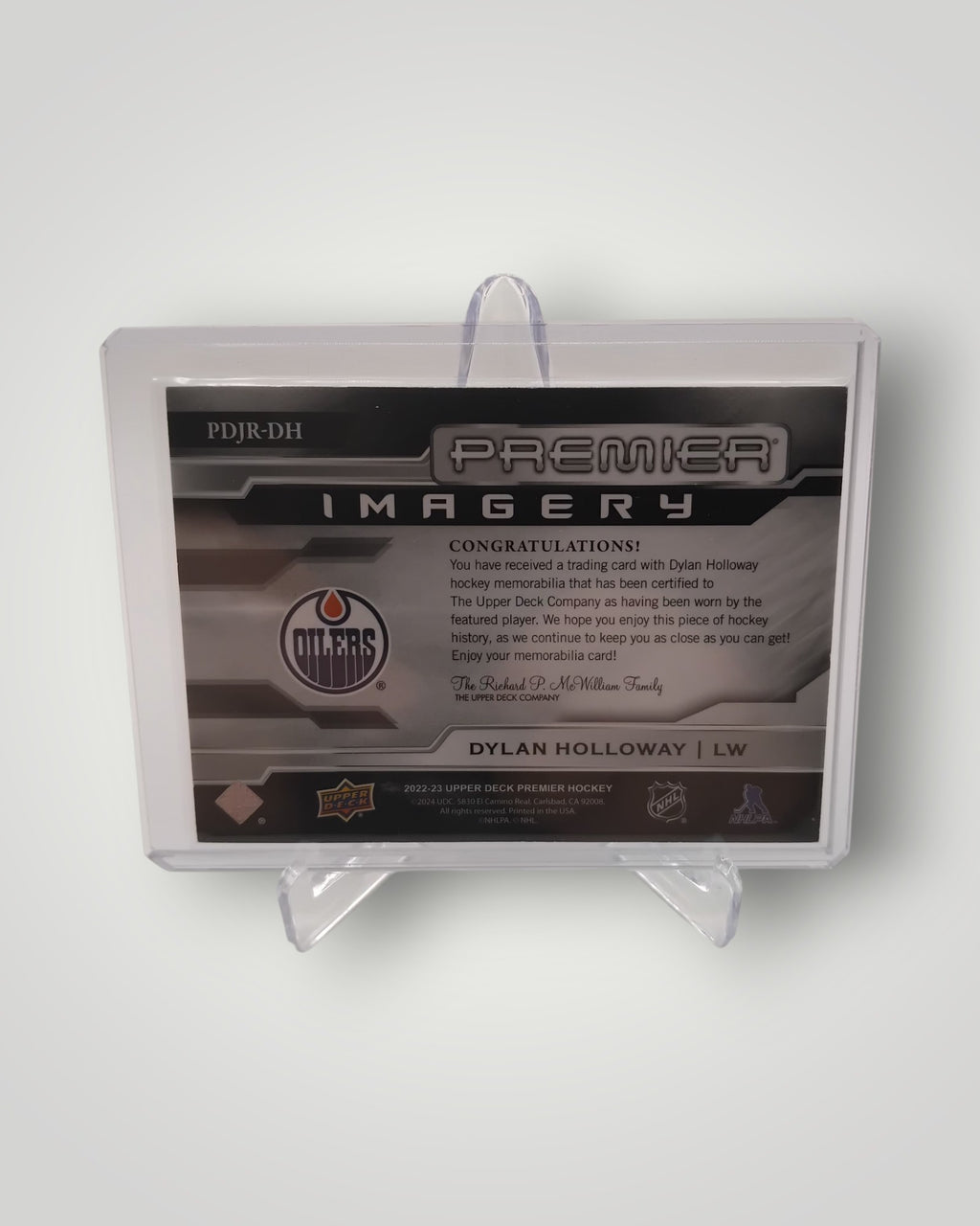 2022-23 UD Premier #PDJR-DH Dylan Holloway Dynamic Imagery Rookies Jersey #/300