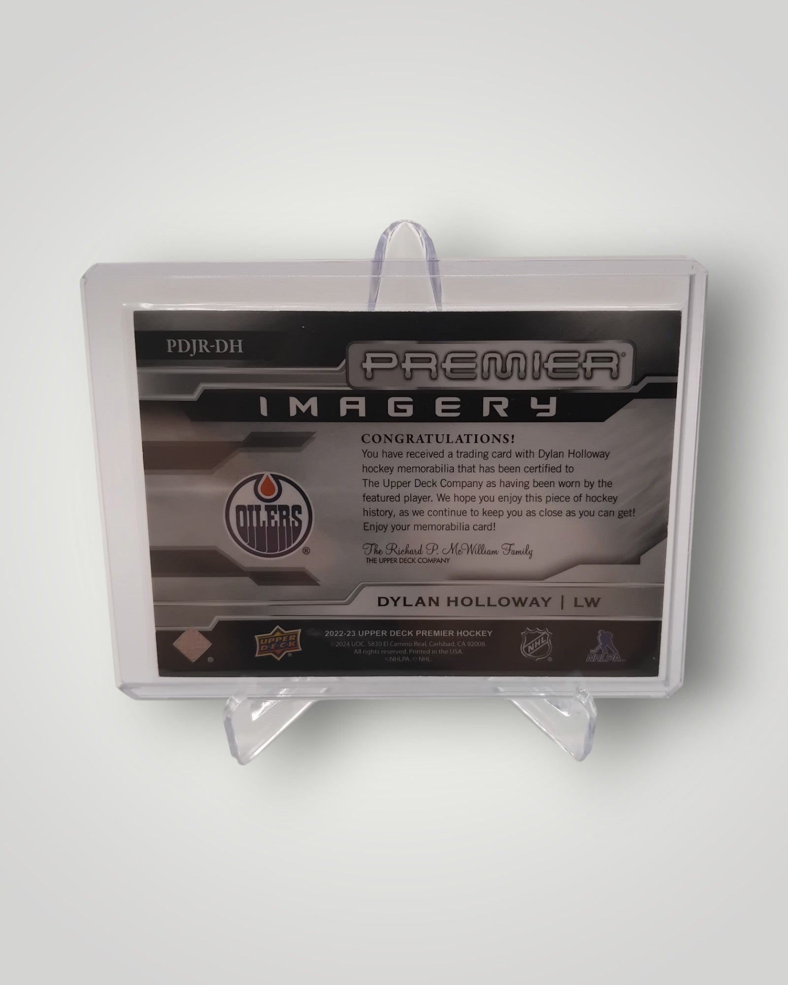 2022-23 UD Premier #PDJR-DH Dylan Holloway Dynamic Imagery Rookies Jersey #/300