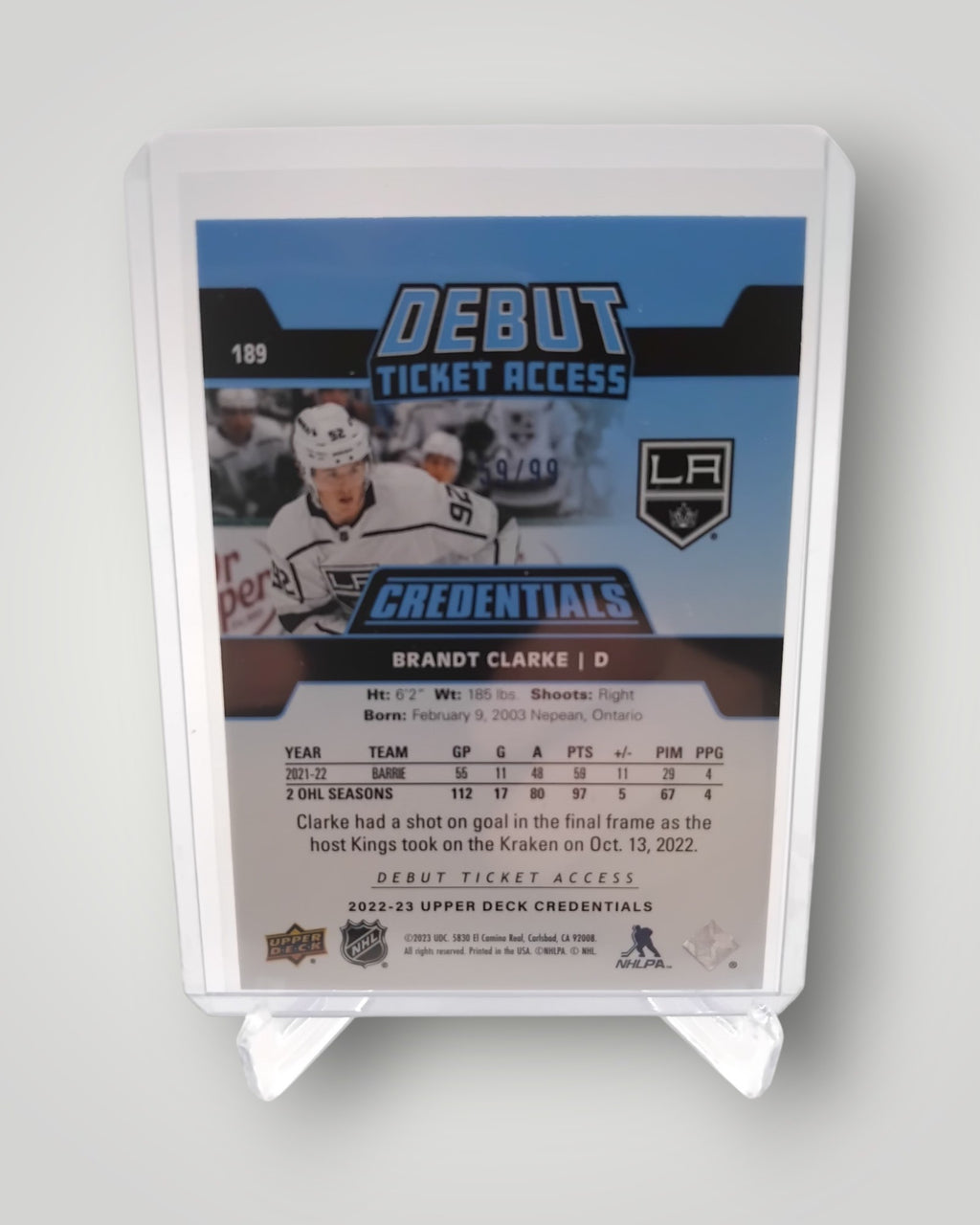 2022-23 Upper Deck Credentials #189 Brandt Clarke Blue #/99