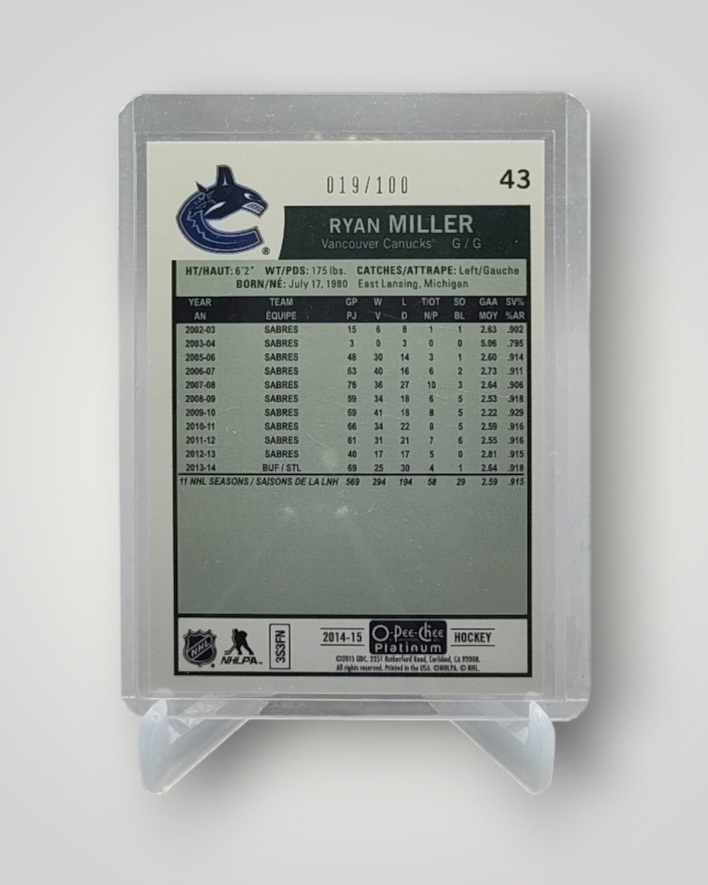 2014-15 O-Pee-Chee Platinum #43 Ryan Miller Retro-Black-Rainbow #/100