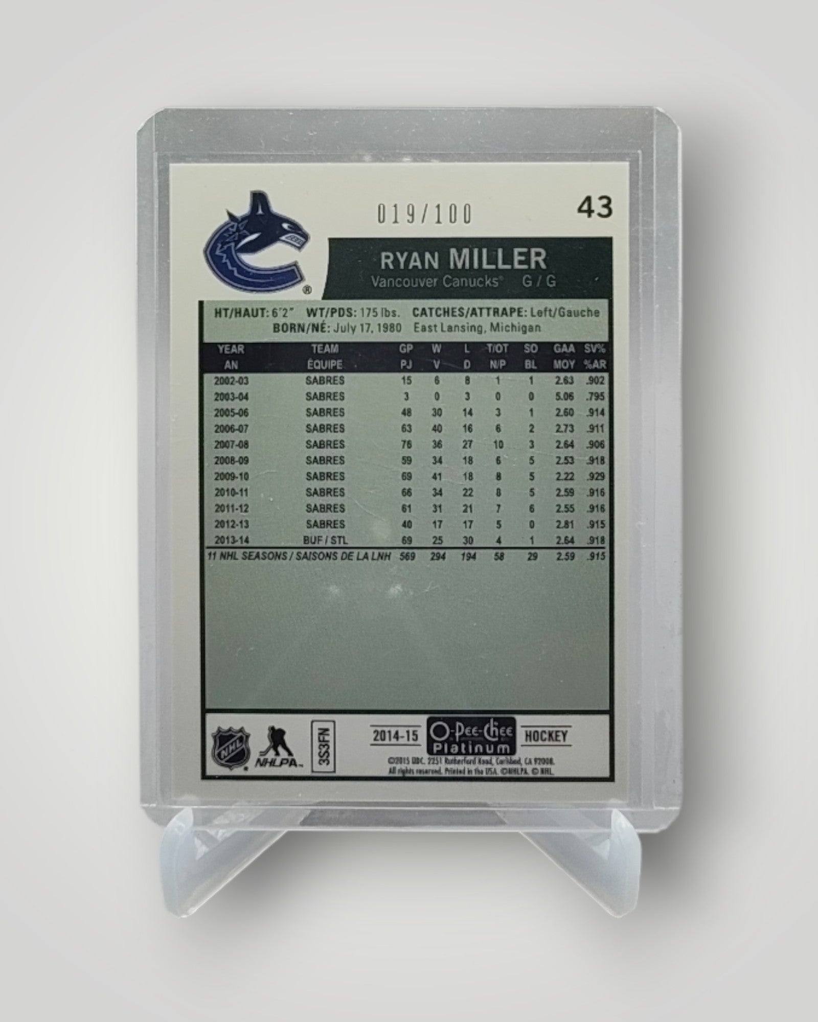 2014-15 O-Pee-Chee Platinum #43 Ryan Miller Retro-Black-Rainbow #/100