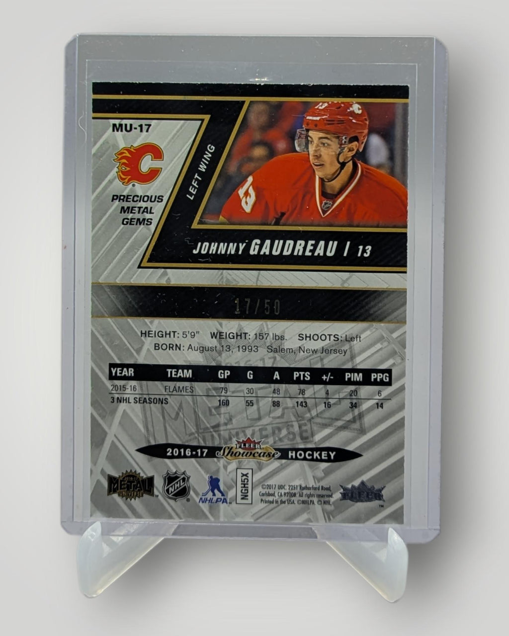 2016-17 Fleer Showcase #MU-17 Johnny Gaudreau Metal Universe PMG Blue #/50