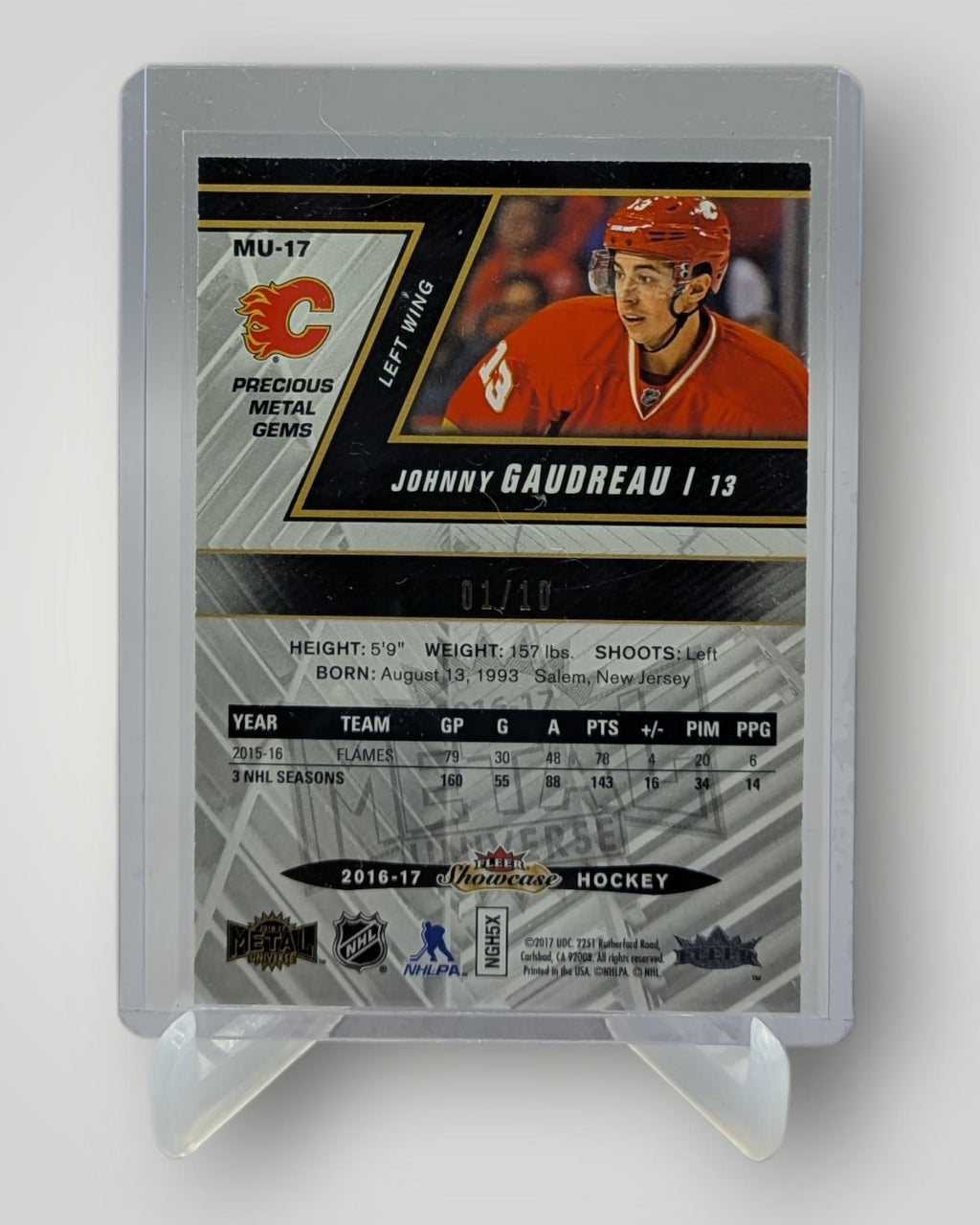 2016-17 Fleer Showcase #MU-17 Johnny Gaudreau Metal Universe PMG Green #/10