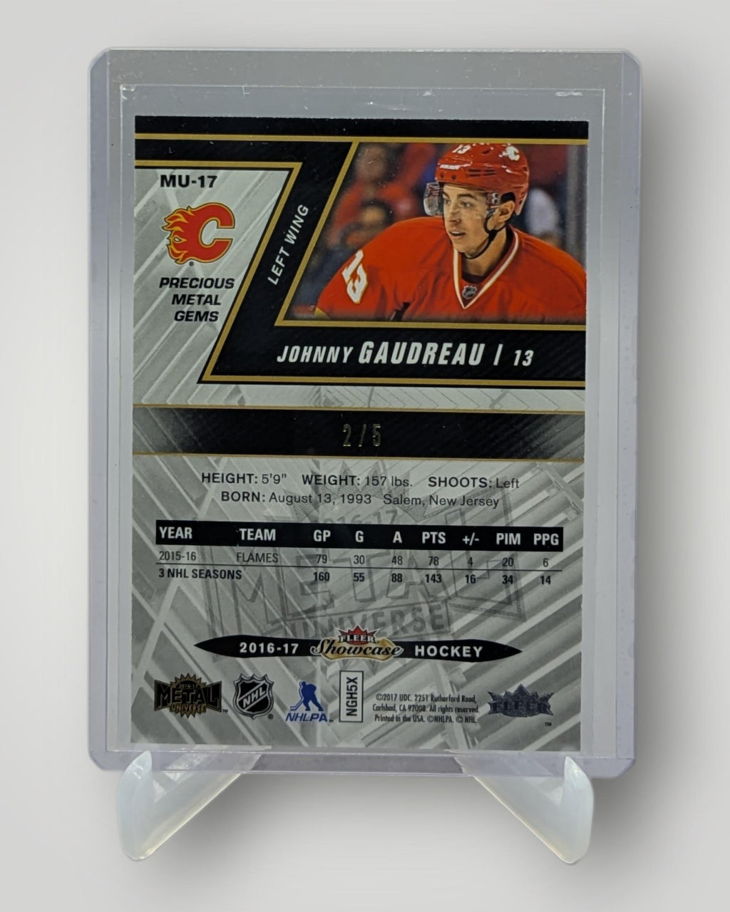 2016-17 Fleer Showcase #MU-17 Johnny Gaudreau Metal Universe PMG Purple #/5