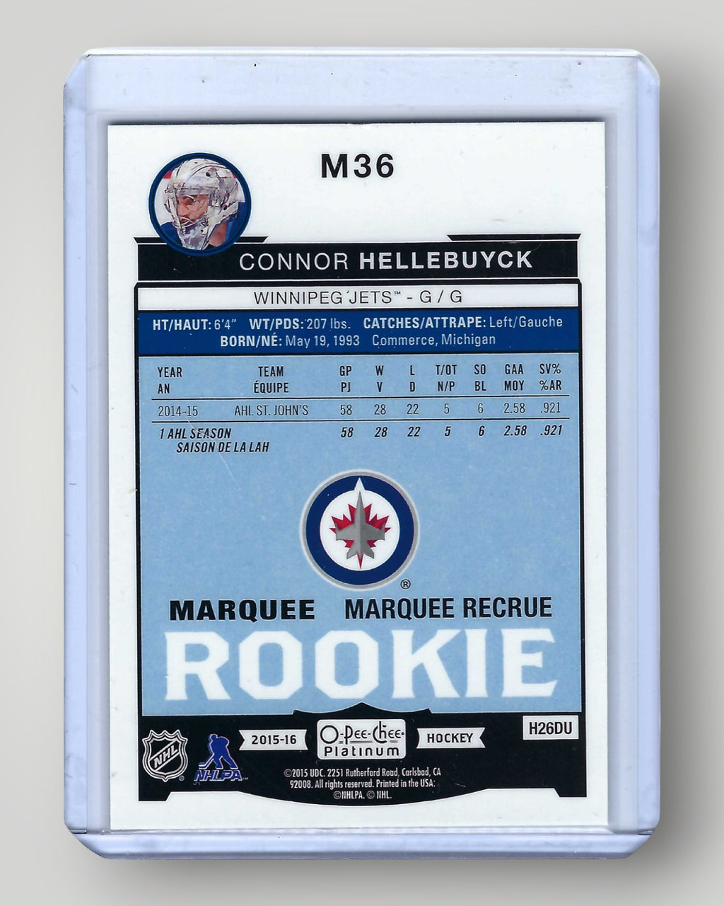 2015-16 O-Pee-Chee Platinum #M36 Connor Hellebuyck Marquee-Rookies