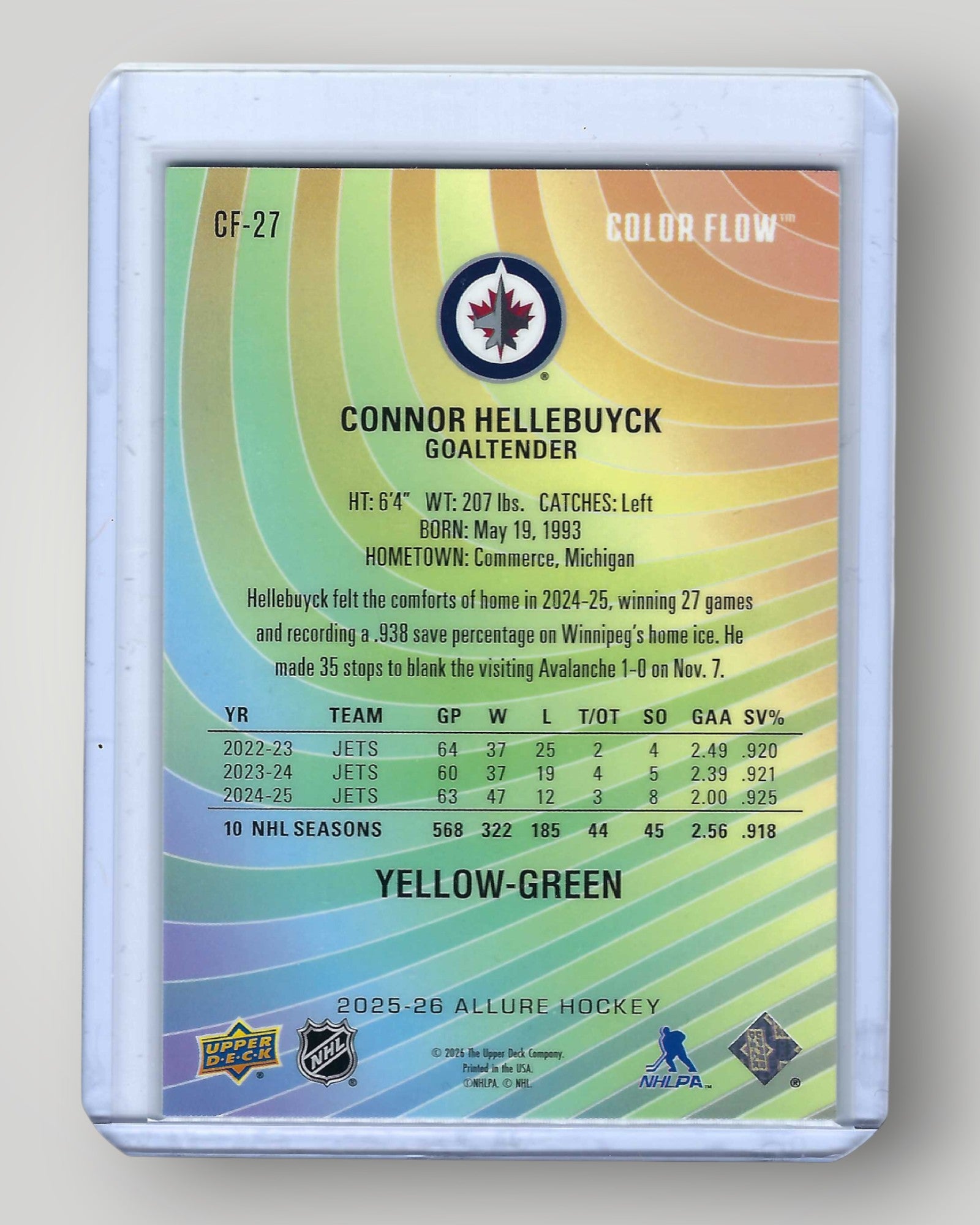 2025-26 Upper Deck Allure #CF-27 Connor Hellebuyck Color Flow Yellow-Green