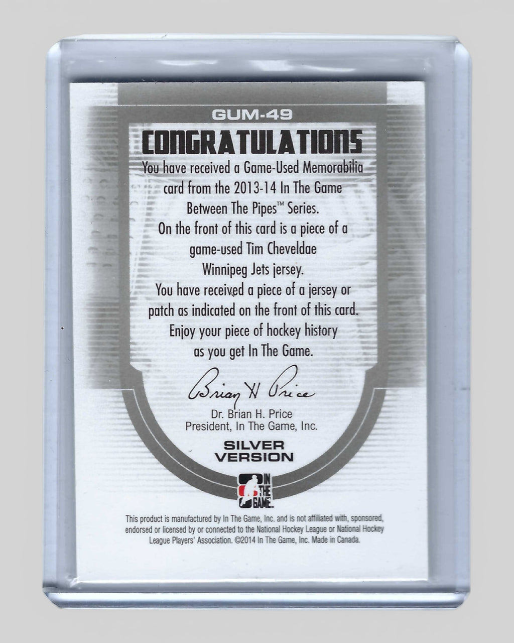 2013-14 ITG Between the Pipes #GUM-49 Tim Cheveldae Game-Used Jersey Silver