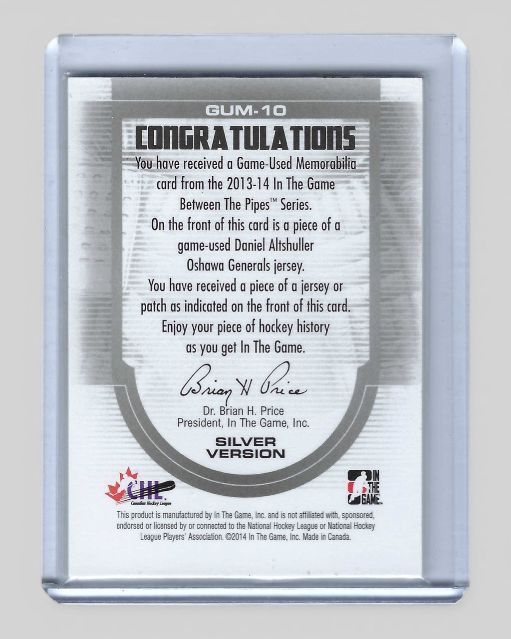 2013-14 ITG Between the Pipes #GUM-10 Daniel Altshuller Game-Used Jersey Silver