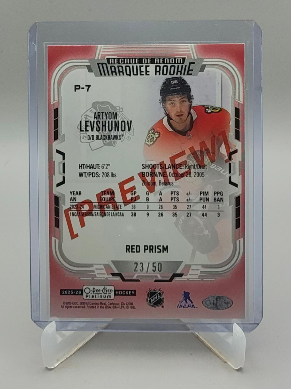 2025-26 O-Pee-Chee #P-7 Artyom Levshunov OPC Platinum Previews Red Prism #/50