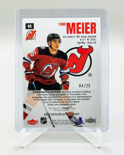 2023-24 Upper Deck Fleer Ultra #65 Timo Meier Red Rainbow Foilboard Auto #4/25