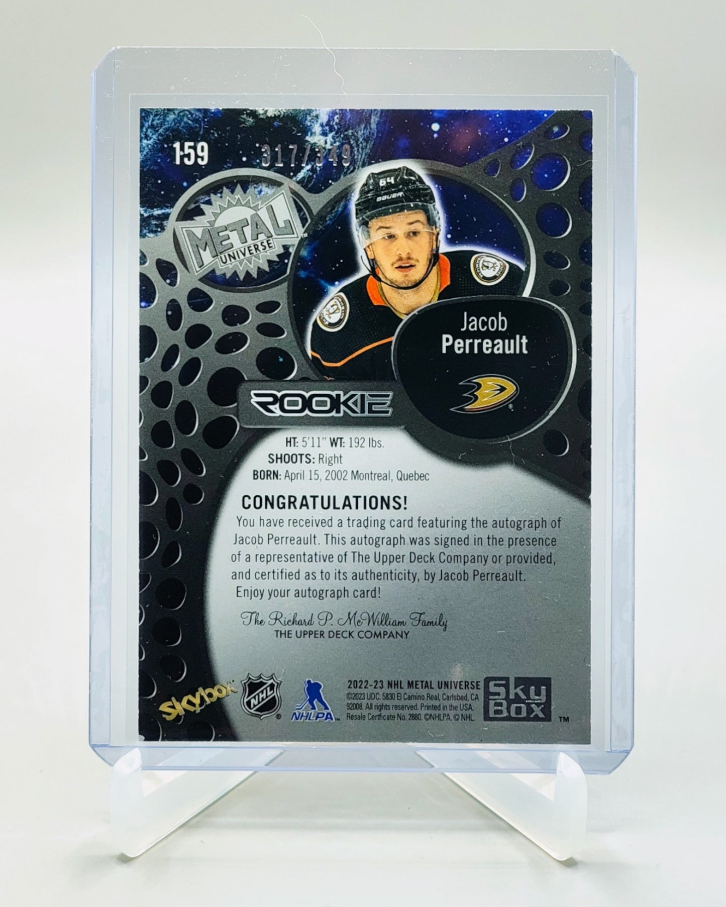 2022-23 SkyBox Metal Universe #159 Jacob Perreault Auto Silver FX #/349