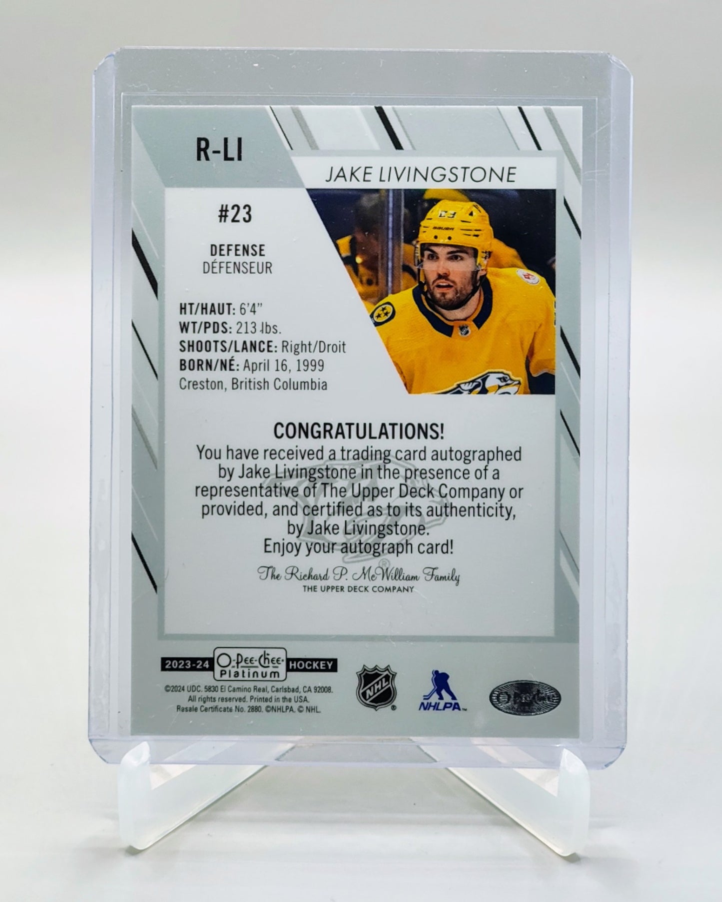 2023-24 O-Pee-Chee Platinum #R-LI Jake Livingstone Rookie Autographs