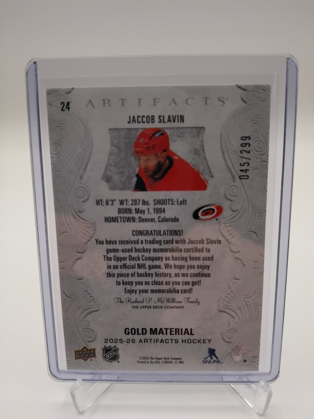 2025-26 Artifacts Jacob Slavin Dual Jersey 45/299