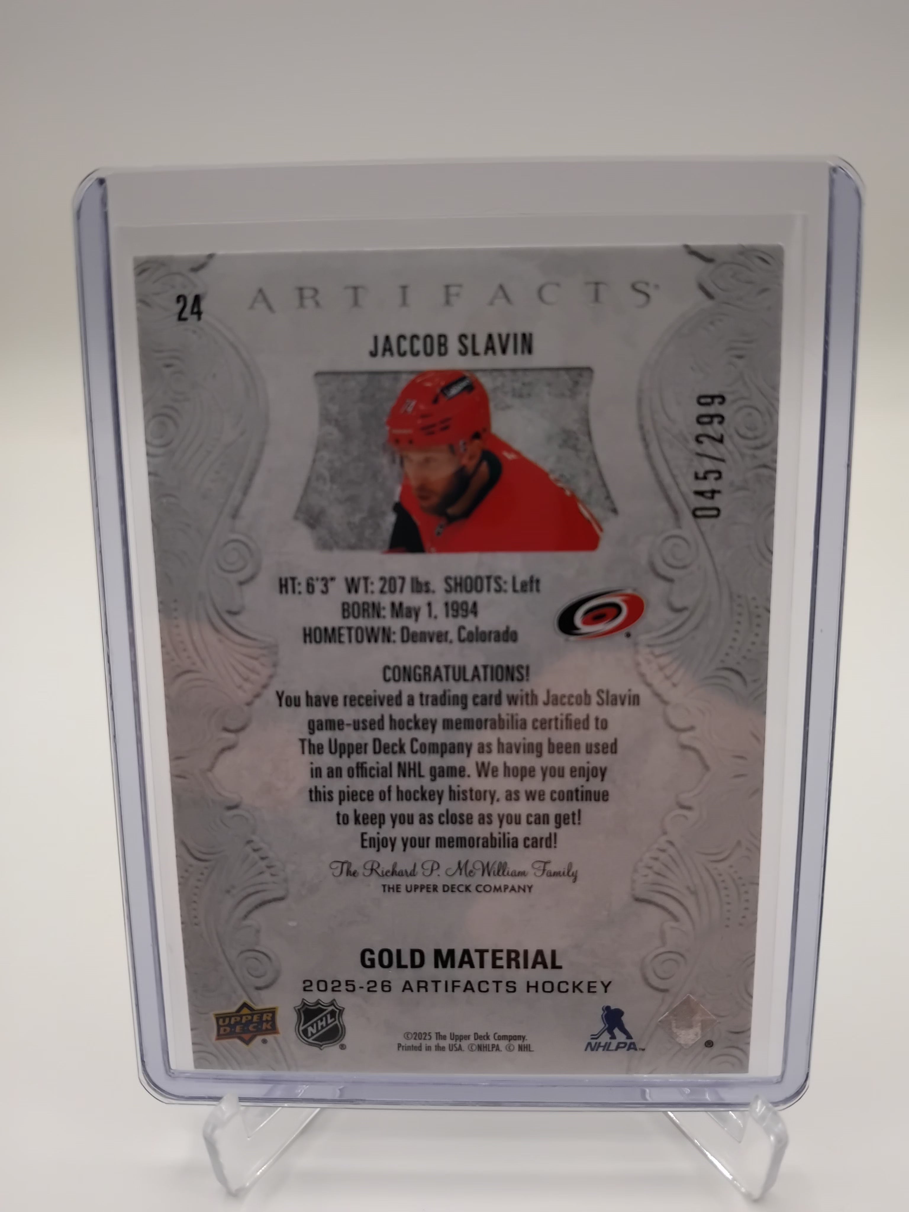2025-26 Artifacts Jacob Slavin Dual Jersey 45/299