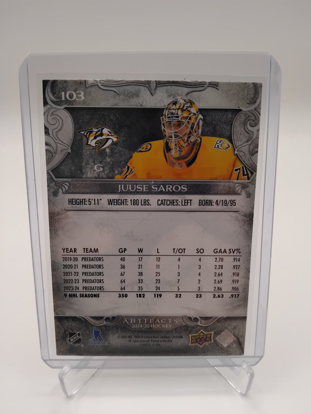 24-25 Artifacts Juuse Saros Gold Foilboard