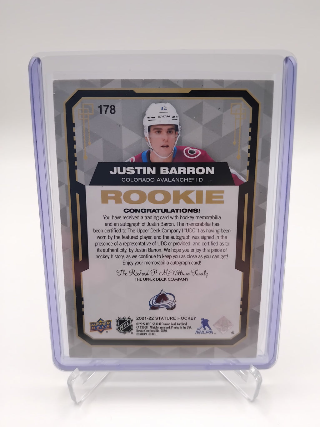 2021-22 Stature Justin Barron Rookie Patch Auto 8/8