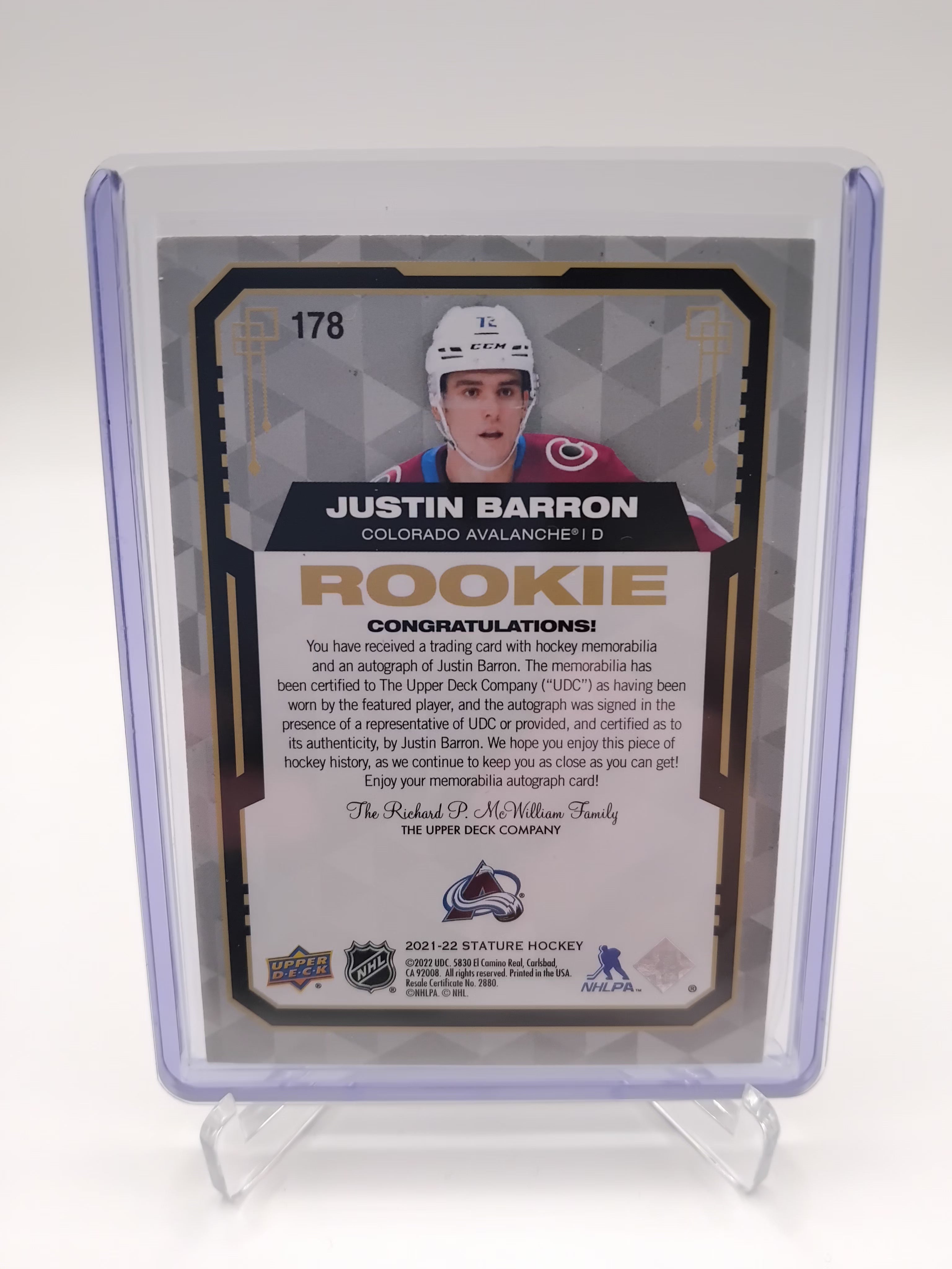 2021-22 Stature Justin Barron Rookie Patch Auto 8/8