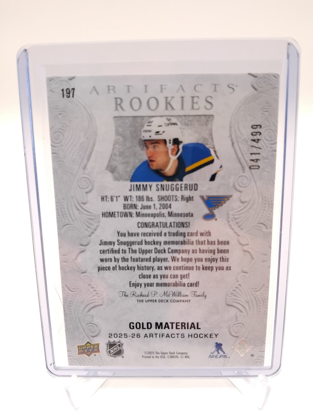 2025-26 Artifacts Jimmy Snuggerud Dual Jersey 041/499