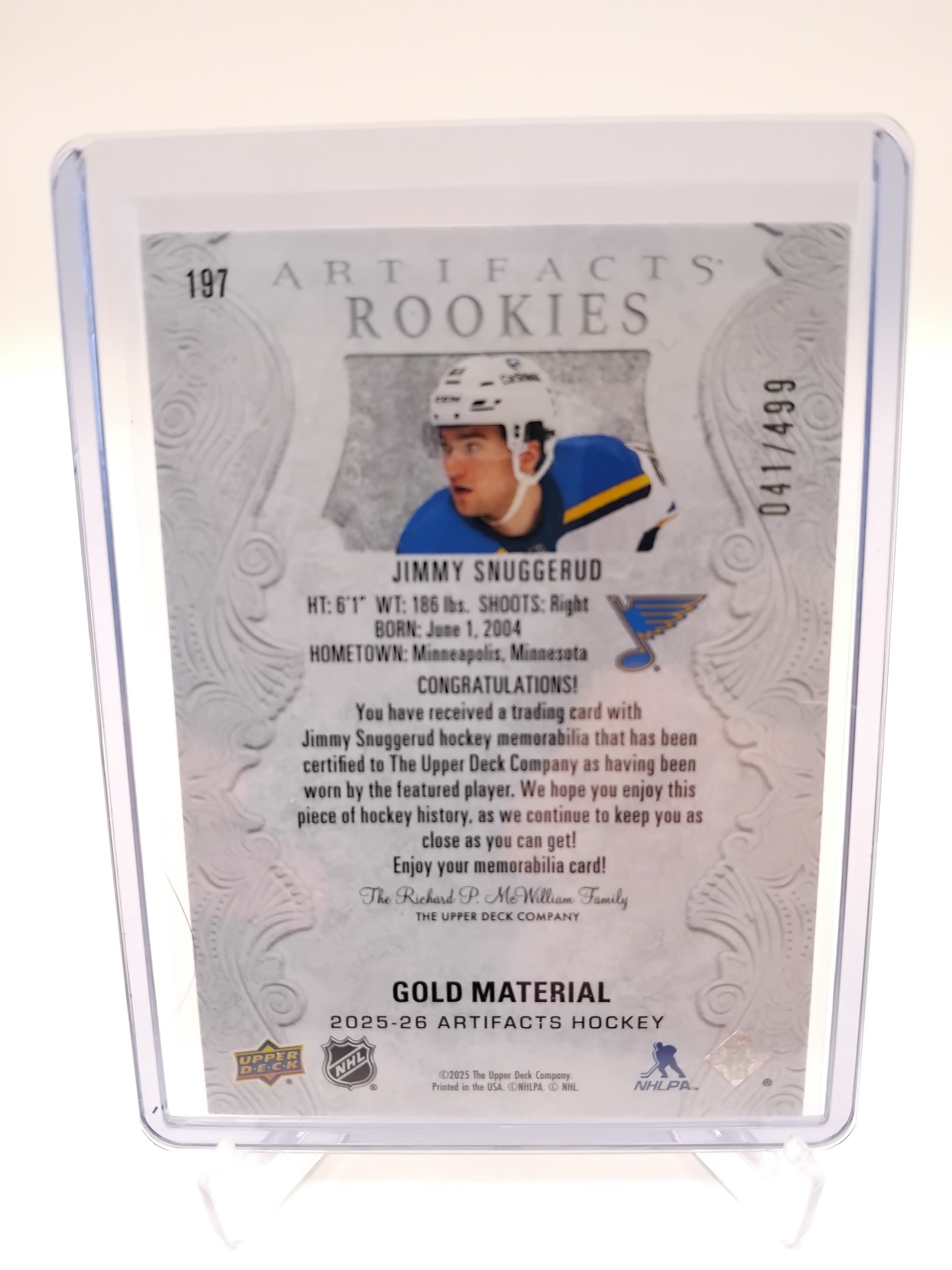 2025-26 Artifacts Jimmy Snuggerud Dual Jersey 041/499