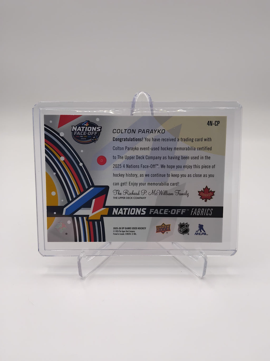 2025-26 SP Game Used Colton Parayko 4 Nations Faceoff