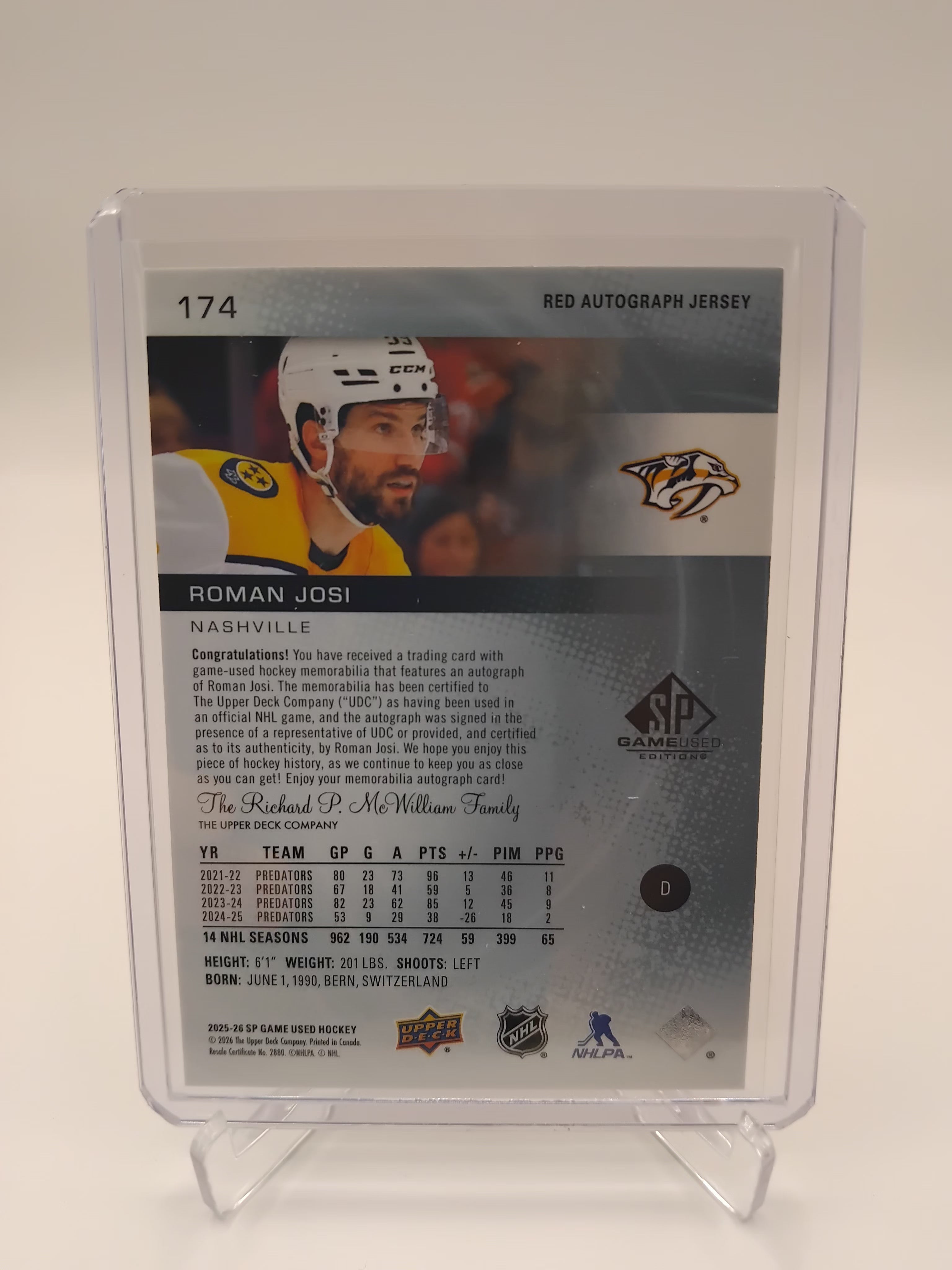 2025-26 SP Game Used Roman Josi Jersey Auto 58/65