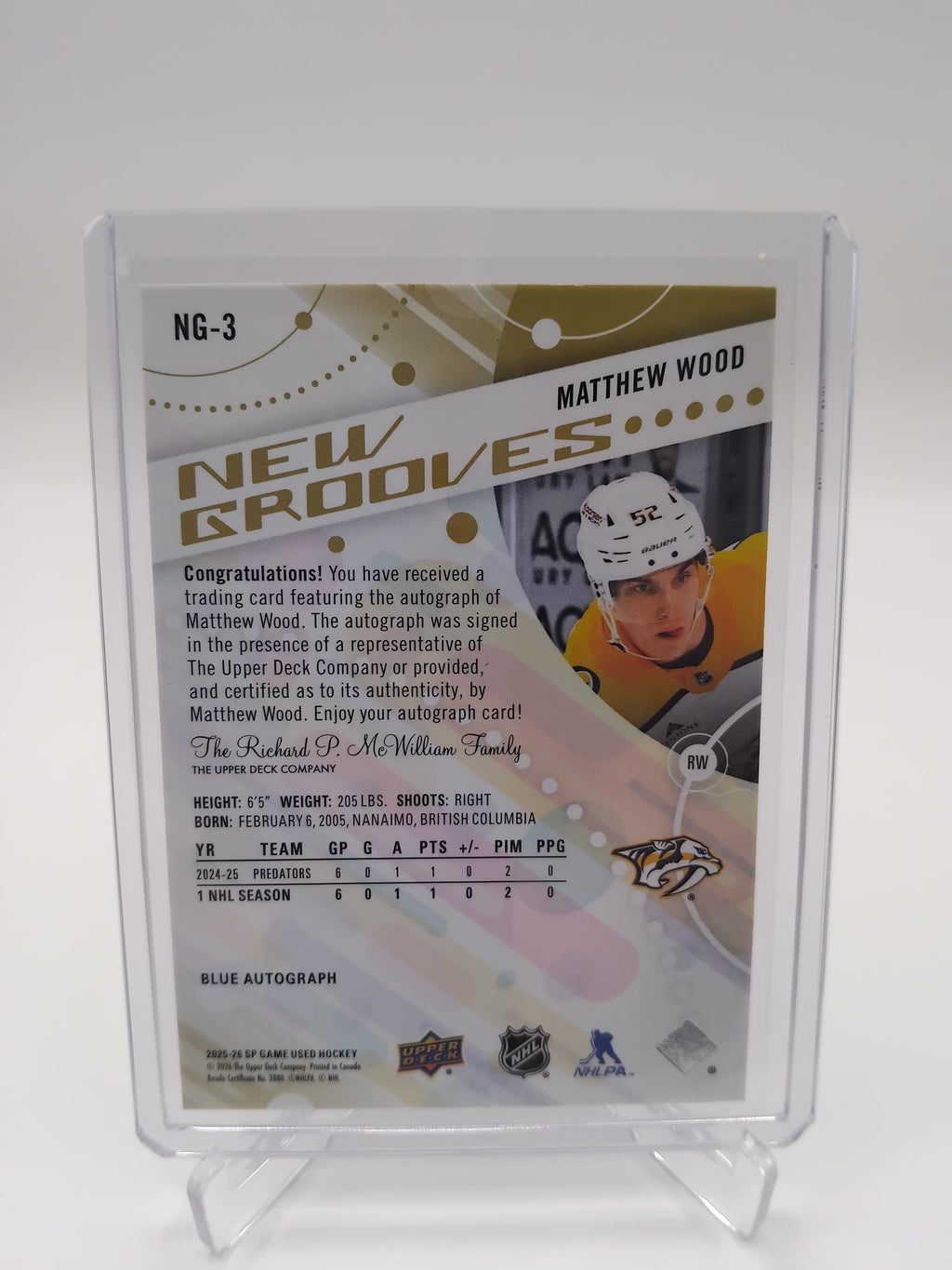 2025-26 SP Game Used Matthew Wood New Grooves Auto