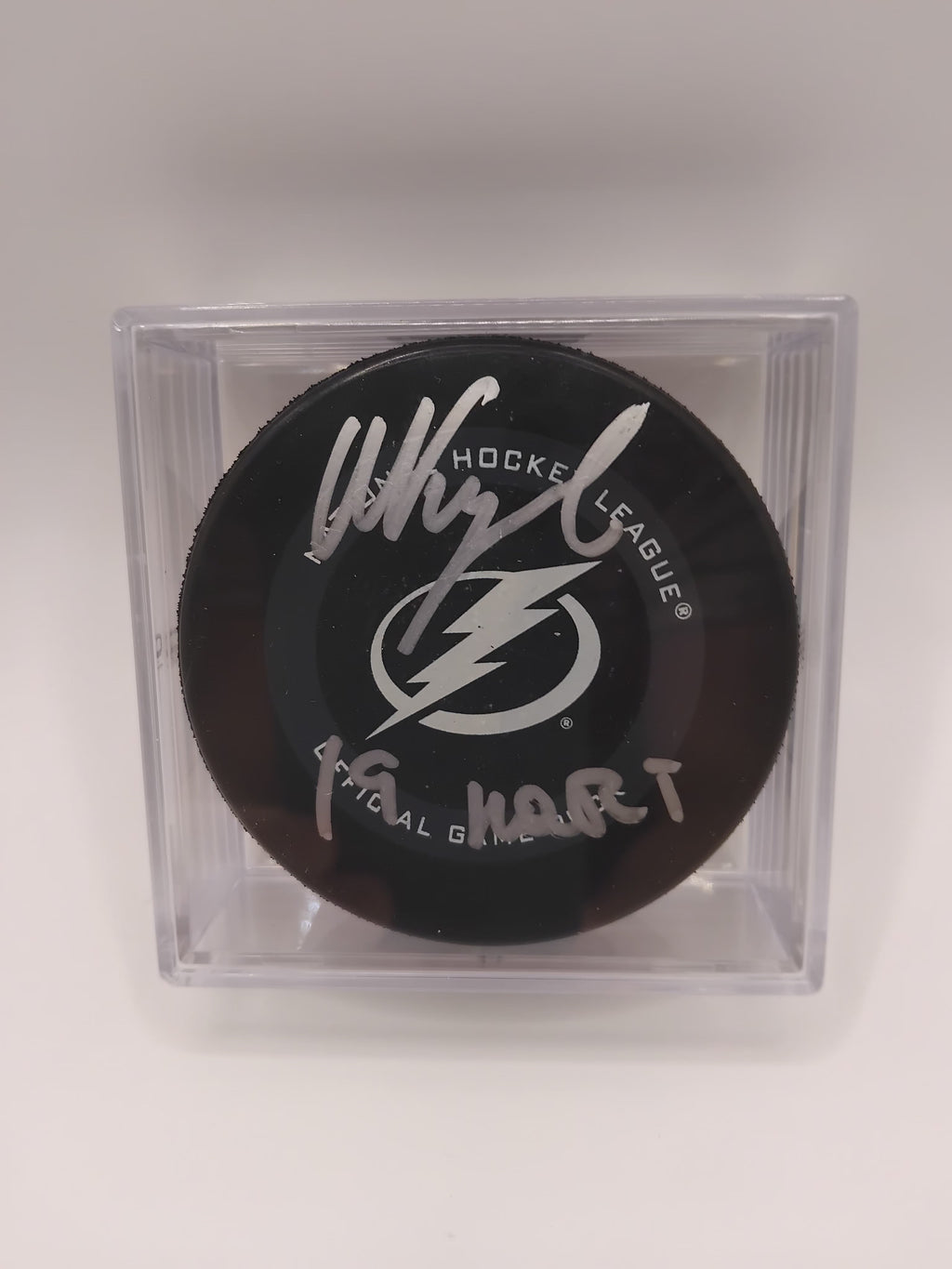 Nikita Kucherov Signed Puck with "19 Hart" Inscription