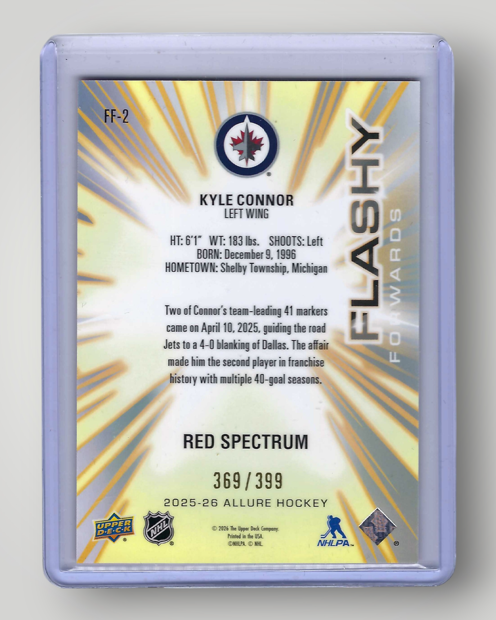 2025-26 Allure #FF-2 Kyle Connor Flashy Forwards Red Spectrum #/399