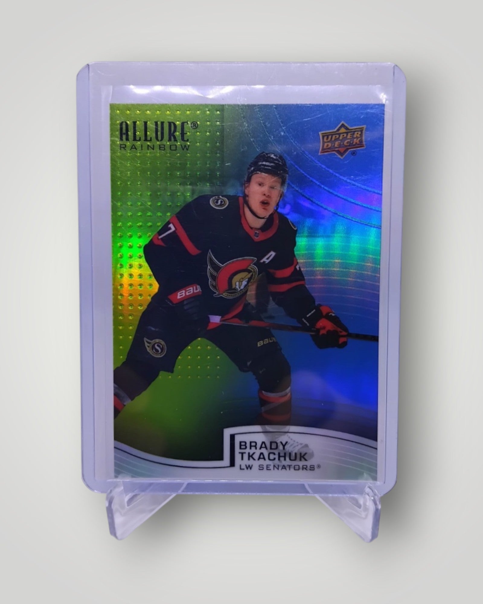 2021-22 Upper Deck Allure R-67 Brady Tkachuk Green/Blue Rainbow 250/299
