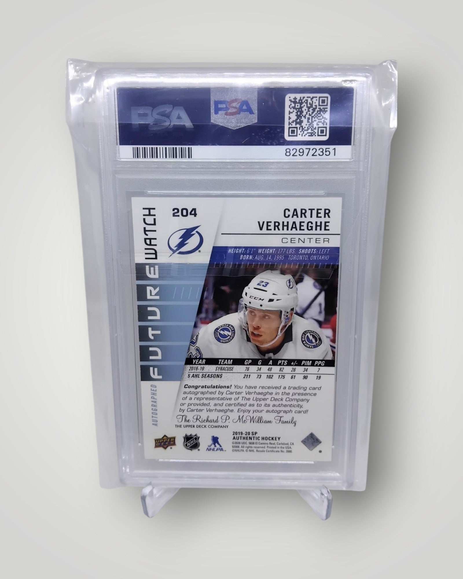 2019-20 Upper Deck SP Authentic #204 Carter Verhaeghe Future Watch Auto 224/999 PSA 9 Graded